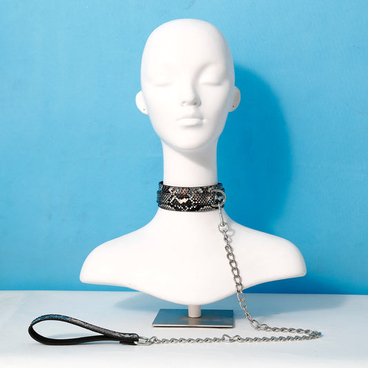 BDSM Snakeskin-Style Bondage Collar with Leash - Red Fetish Accessory