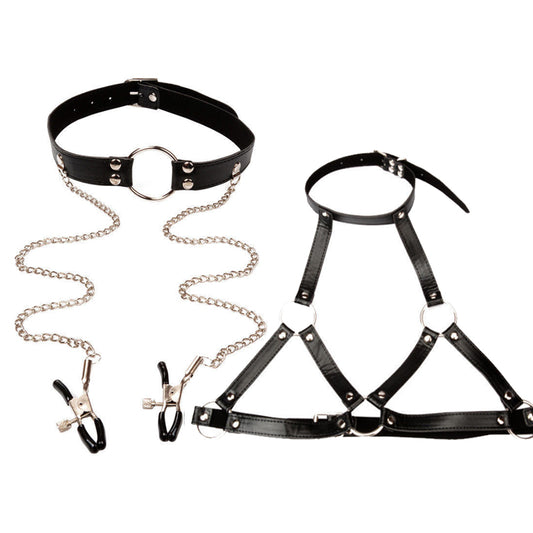BDSM Fetish Bra Strap & Gag Ring & Nipple Clamps 3 in 1 Fetish Kit