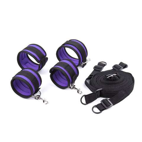 Under Bed Bondage Restraint Kit - Adjustable Handcuffs, Ankle & Wrist Cuffs with Spreader & Blindfold Under Bed Bondage Restraint Kit - Adjustable Handcuffs, Ankle & Wrist Cuffs with Spreader & Blindfold