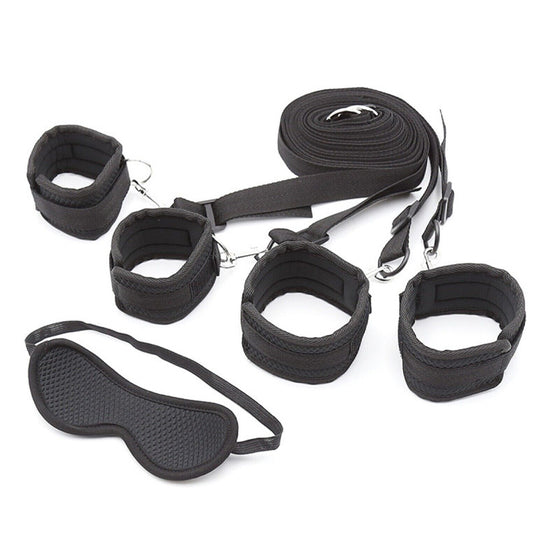 Under Bed Bondage Restraint Kit - Adjustable Handcuffs, Ankle & Wrist Cuffs with Spreader & Blindfold