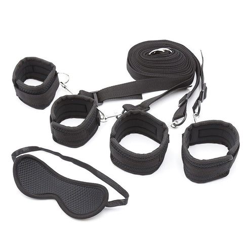 Under Bed Bondage Restraint Kit - Adjustable Handcuffs, Ankle & Wrist Cuffs with Spreader & Blindfold Under Bed Bondage Restraint Kit - Adjustable Handcuffs, Ankle & Wrist Cuffs with Spreader & Blindfold