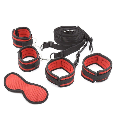 Under Bed Bondage Restraint Kit - Adjustable Handcuffs, Ankle & Wrist Cuffs with Spreader & Blindfold Under Bed Bondage Restraint Kit - Adjustable Handcuffs, Ankle & Wrist Cuffs with Spreader & Blindfold