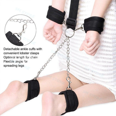 Soft Gag-to-Wrist and Ankle Cuffs Restraint / Bondage Set - Black