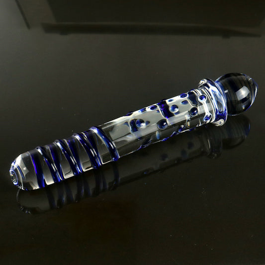 Large Threaded & Beaded Crystal Glass Dildo Anal Plug - Blue