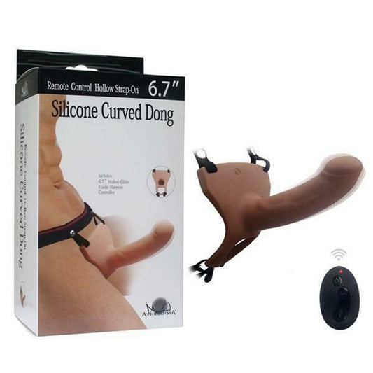 Aphrodisia Remote Control Vibrating Hollow Strap-On Dildo 6.7" Silicone Penis Sleeve Extender - Brown