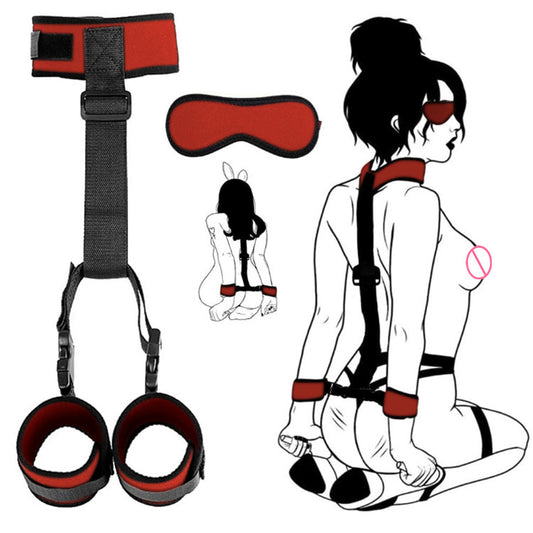 BDSM Collar & Handcuffs Back with Blindfold Restraints Bondage Kit - Red&Black
