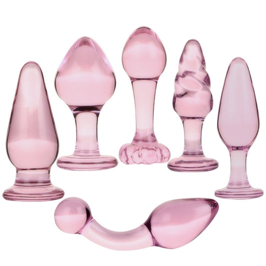 Pink Wearable Crystal Glass Butt Plug & Anal Beads Set - 6 Unique Shapes for Sensual Play