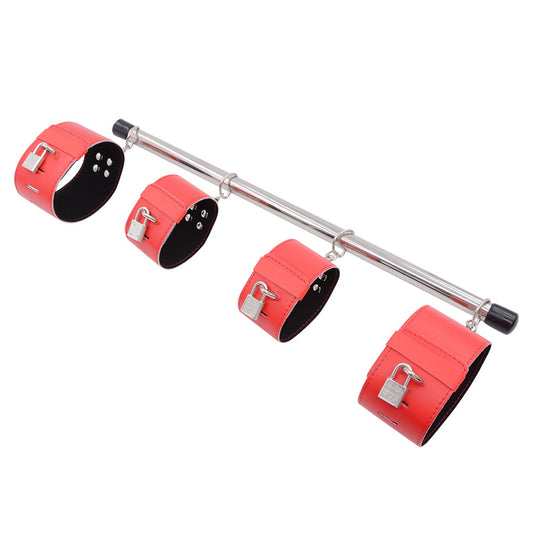 BDSM Spreader Bar Handcuffs & Ankle Cuffs Restraint Bondage Kit - Red