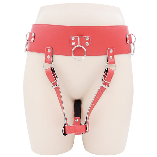 BDSM Bondage Female Chastity Belt with Massager Wand Holder Strap - Red Up to 120cm Waist