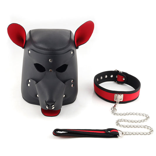 BDSM Puppy Play Bondage PU Leather Dog Headmask with Collar & Leash