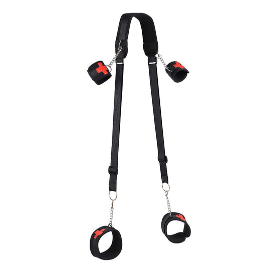 BDSM Leg Opener Restraint Strap with Handcuffs & Ankle Cuffs Bondage Kit - Black