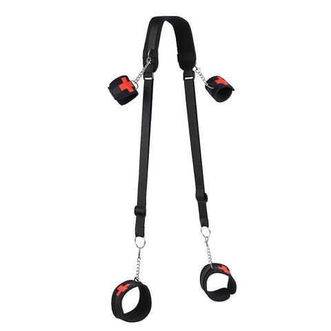 BDSM Leg Opener Restraint Strap with Handcuffs & Ankle Cuffs Bondage Kit - Black BDSM Leg Opener Restraint Strap with Handcuffs & Ankle Cuffs Bondage Kit - Black