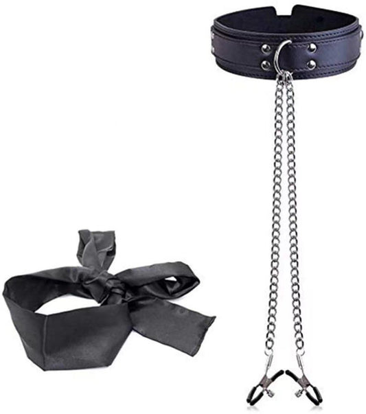 BDSM Submission Collar with Nipple Clamps & Satin Blindfold Eye Mask