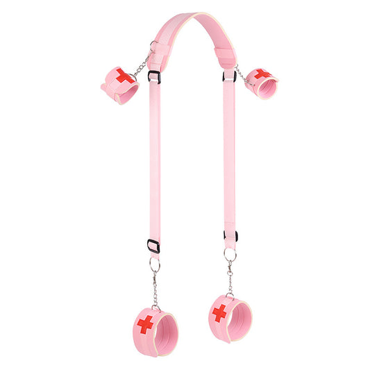 BDSM Leg Opener Restraint Strap with Handcuffs & Ankle Cuffs Bondage Kit - Pink