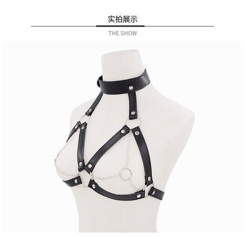 BDSM Breast Bondage with Neck Collar Fetish Body Harness - Black BDSM Breast Bondage with Neck Collar Fetish Body Harness - Black