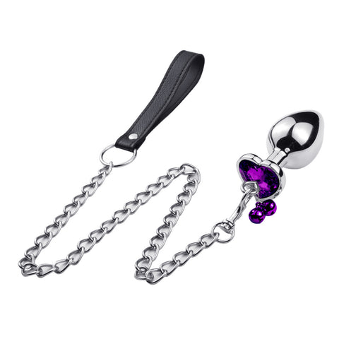 RY Heart Shape Crystal Jewelled Stainless Steel Anal Plug with Bell & Leash - Purple S/M/L RY Heart Shape Crystal Jewelled Stainless Steel Anal Plug with Bell & Leash - Purple S/M/L