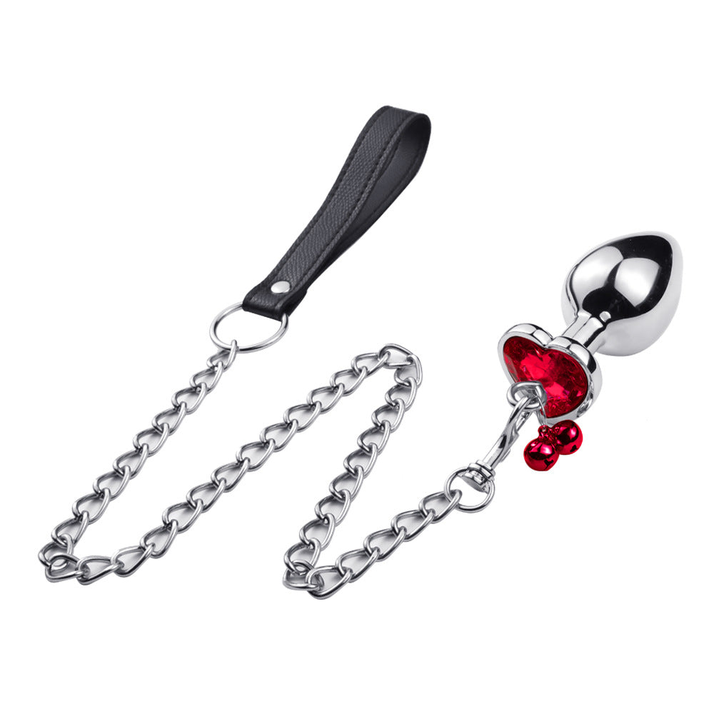 RY Heart Shape Crystal Jewelled Stainless Steel Anal Plug with Bell & Leash - Red S/M/L