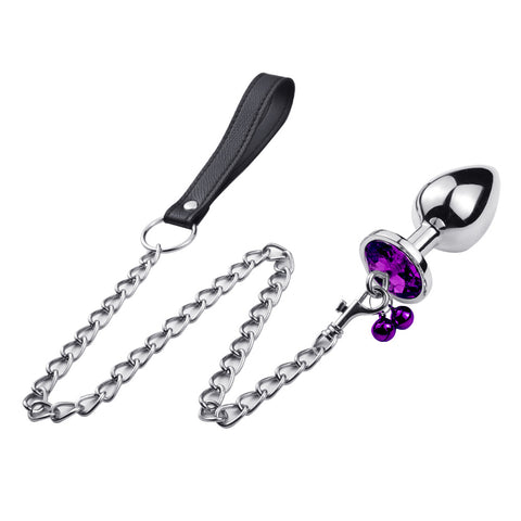 RY Round Shape Crystal Jewelled Stainless Steel Anal Plug with Bell & Leash - Purple S/M/L RY Round Shape Crystal Jewelled Stainless Steel Anal Plug with Bell & Leash - Purple S/M/L