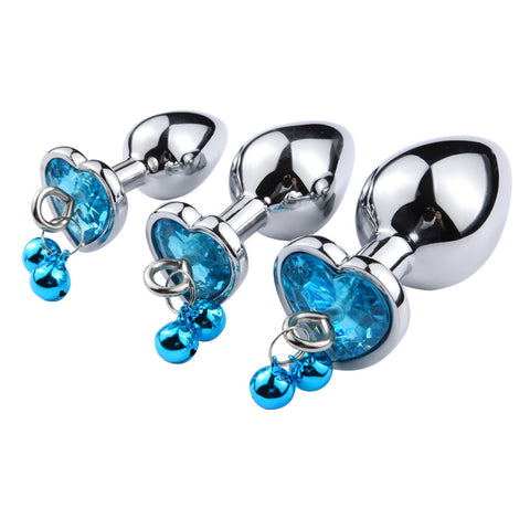 RY Heart Shape Crystal Jewelled Stainless Steel Anal Plug with Bell & Leash - Sky S/M/L RY Heart Shape Crystal Jewelled Stainless Steel Anal Plug with Bell & Leash - Sky S/M/L