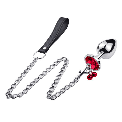 RY Round Shape Crystal Jewelled Stainless Steel Anal Plug with Bell & Leash - Red S/M/L RY Round Shape Crystal Jewelled Stainless Steel Anal Plug with Bell & Leash - Red S/M/L