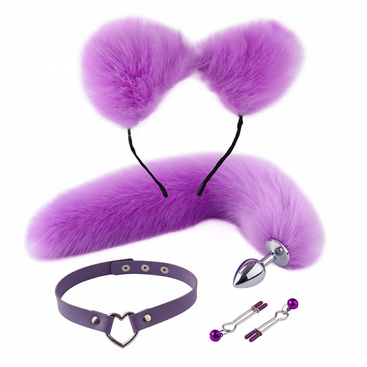 RY Cosplay Furry Fox Tail Anal Plug/Headband/Collar/Nipple Clamps Cosplay Kit - Purple