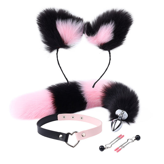 RY Cosplay Furry Fox Tail Anal Plug/Headband/Collar/Nipple Clamps Cosplay Kit - Pink&Black