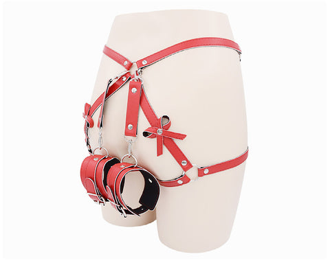 BDSM Sexy Harness Belt Handcuffs & Leg Restraints Bondage Kit - Red