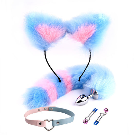 RY Cosplay Furry Fox Tail Anal Plug/Headband/Collar/Nipple Clamps Cosplay Kit - Blue&Pink
