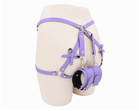 BDSM Sexy Harness Belt Handcuffs & Leg Restraints Bondage Kit - Purple