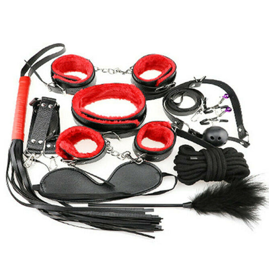BDSM 10 pcs Bondage Kit / Fetish Restraint Set - Black&Red