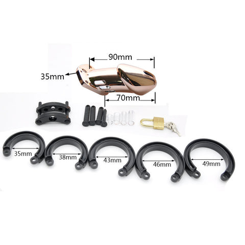 IMPRISON BIRD Delxue Chrome Male Chastity Kit Penis Cage 5 Rings Set / Rose Gold / 2 Size