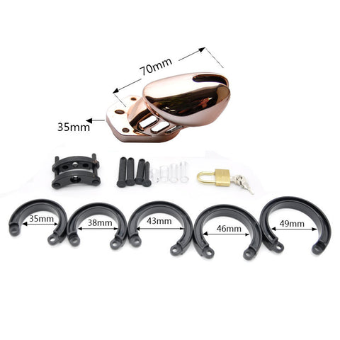 IMPRISON BIRD Delxue Chrome Male Chastity Kit Penis Cage 5 Rings Set / Rose Gold / 2 Size