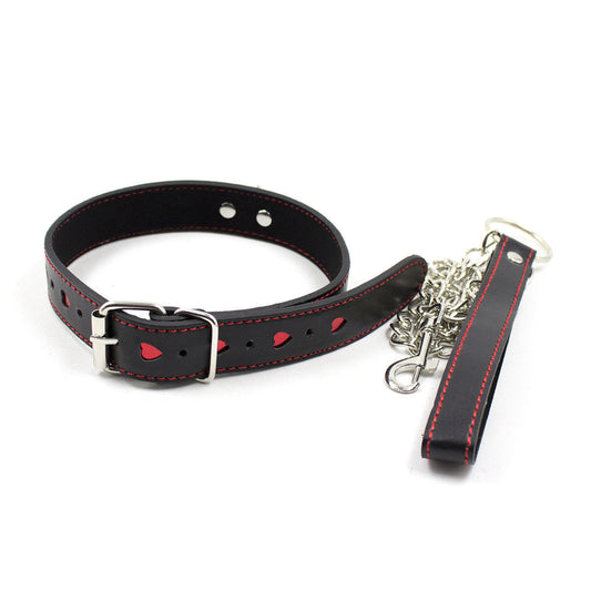 Heart Faux Leather Collar with Metal Chain Leash - BDSM Fetish Accessory
