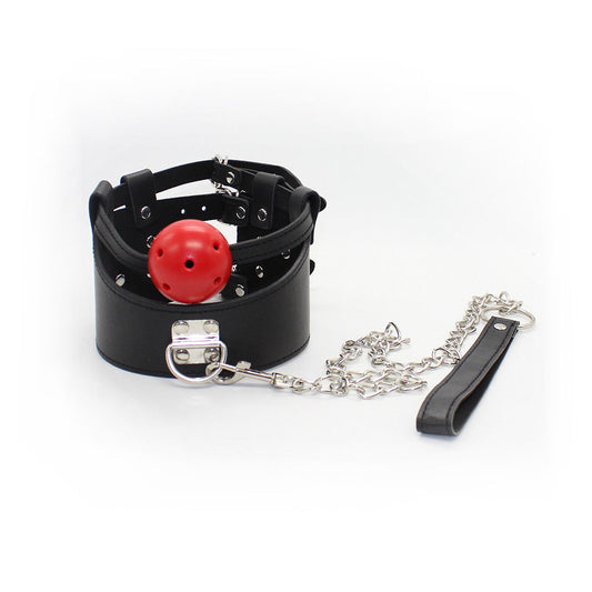 BDSM Fetish Mouth Gag Collar & Metal Chain Leash