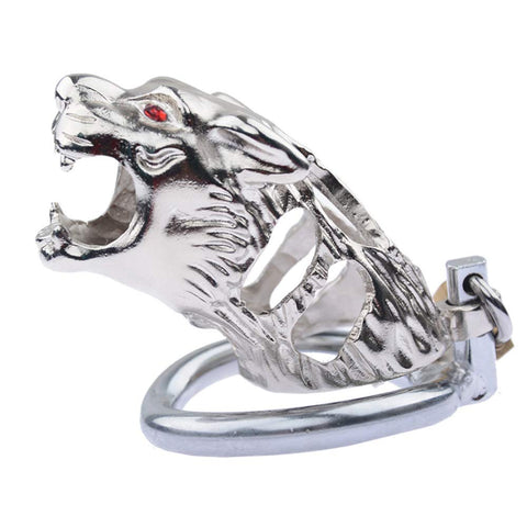 LHD Tiger Head Stainless Steel Male Chastity Cage Penis Cage / 3 Ring Size LHD Tiger Head Stainless Steel Male Chastity Cage Penis Cage / 3 Ring Size