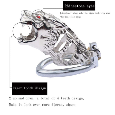 LHD Tiger Head Stainless Steel Male Chastity Cage Penis Cage / 3 Ring Size LHD Tiger Head Stainless Steel Male Chastity Cage Penis Cage / 3 Ring Size