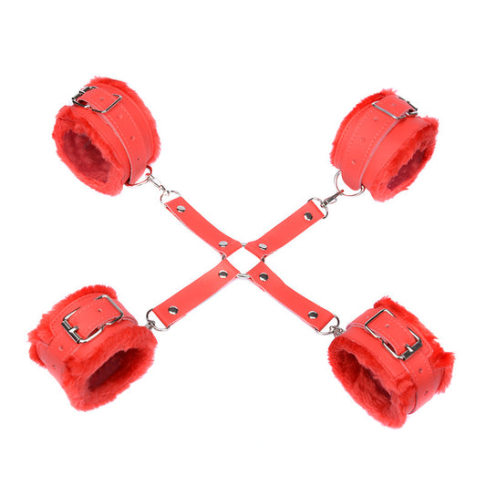 BDSM Bondage Furry Ankle & Wrist Cuffs Restraint - Red Handcuff Set