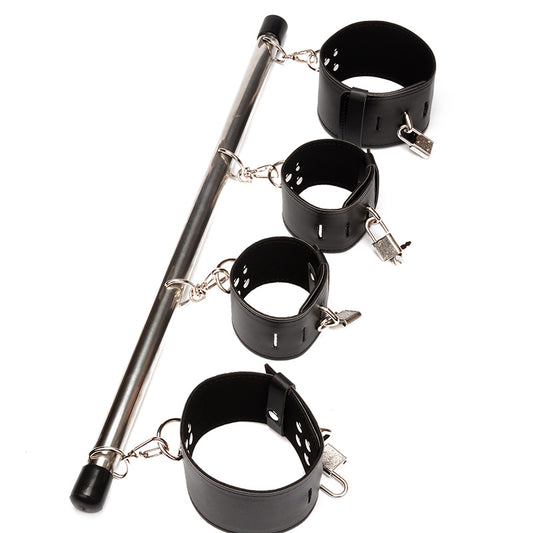 BDSM Spreader Bar with Ankle & Wrist Handcuffs - Adjustable Bondage Restraint in Black