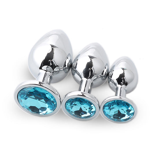 3pcs Round-Shaped Jewelled Stainless Steel Anal Plug Kit - Sky