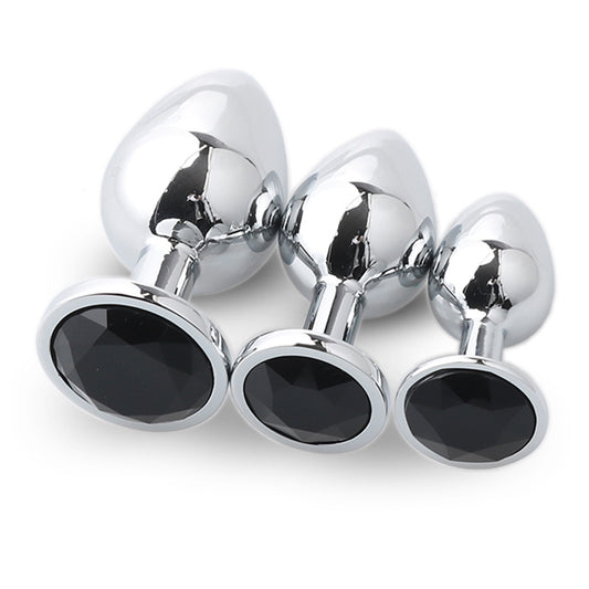 3pcs Round-Shaped Jewelled Stainless Steel Anal Plug Kit - Black