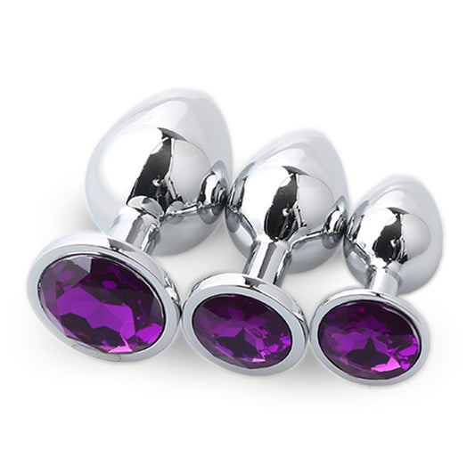 3-Piece Round Jewelled Stainless Steel Anal Plug Kit - Purple Gems