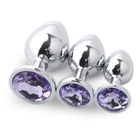 3pcs Round-Shaped Jewelled Stainless Steel Anal Plug Kit - Light Purple