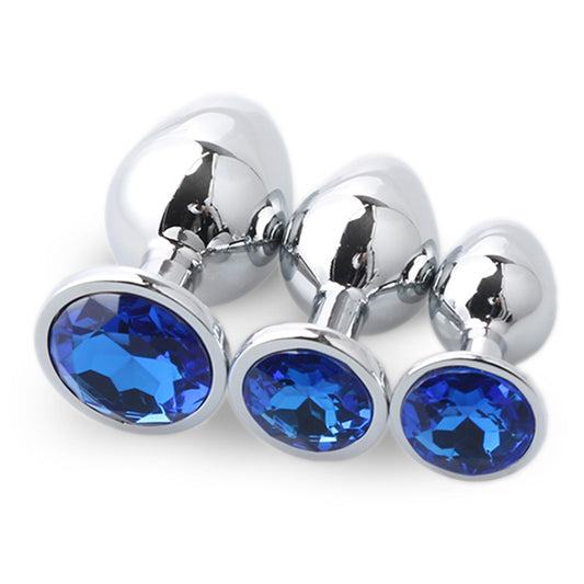3pcs Round-Shaped Jewelled Stainless Steel Anal Plug Kit - Blue