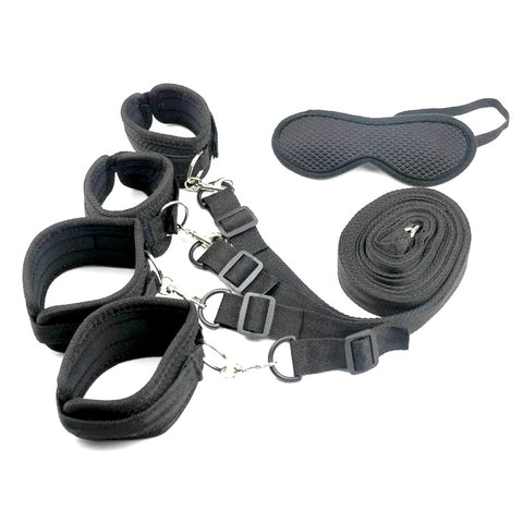 Under Bed Bondage Restraint Kit - Adjustable Handcuffs, Ankle & Wrist Cuffs with Spreader & Blindfold Under Bed Bondage Restraint Kit - Adjustable Handcuffs, Ankle & Wrist Cuffs with Spreader & Blindfold