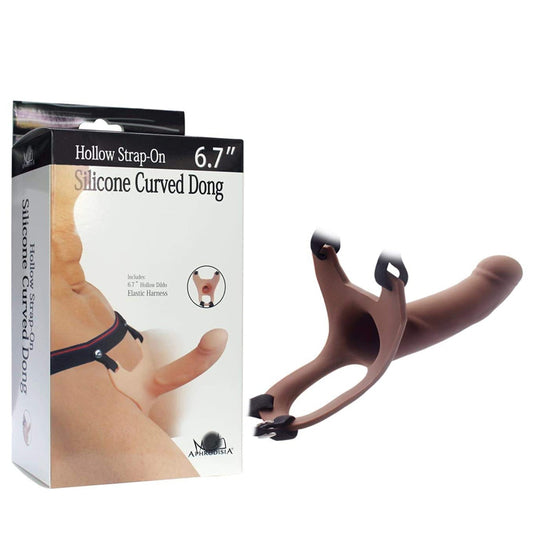 Aphrodisia Hollow Strap-On Dildo Harness 6.7" Silicone Penis Sleeve Extender - Brown