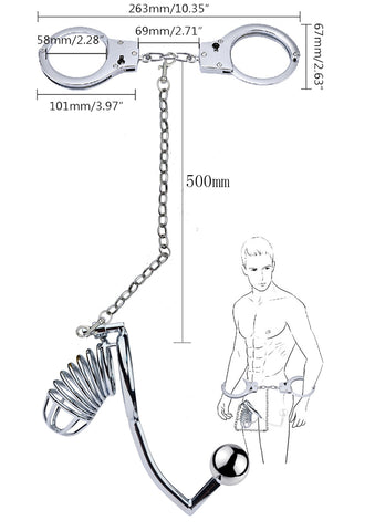 LHD Pro Stainless Steel Male Chastity Penis Cage Kit with Anal Hook & Handcuffs