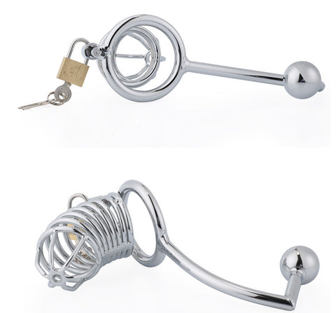 LHD Pro Stainless Steel Male Chastity Penis Cage Kit with Anal Hook & Handcuffs