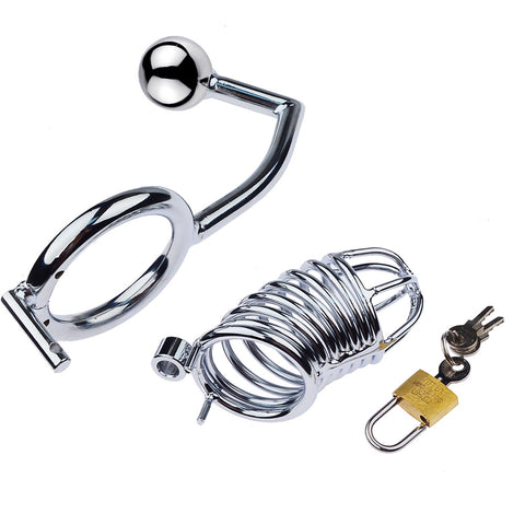 LHD Pro Stainless Steel Male Chastity Penis Cage Kit with Anal Hook & Handcuffs