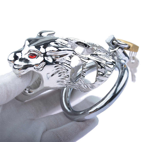 LHD Tiger Head Stainless Steel Male Chastity Cage Penis Cage / 3 Ring Size