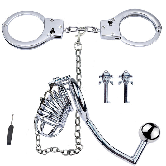 LHD Pro Stainless Steel Male Chastity Penis Cage Kit with Anal Hook & Handcuffs